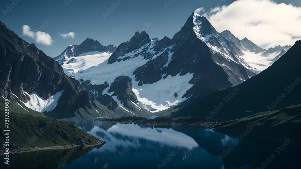 a lake that is filled with snow and some mountains in the background