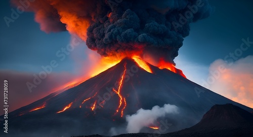 an active volcano erupts lava and fire as seen from the west