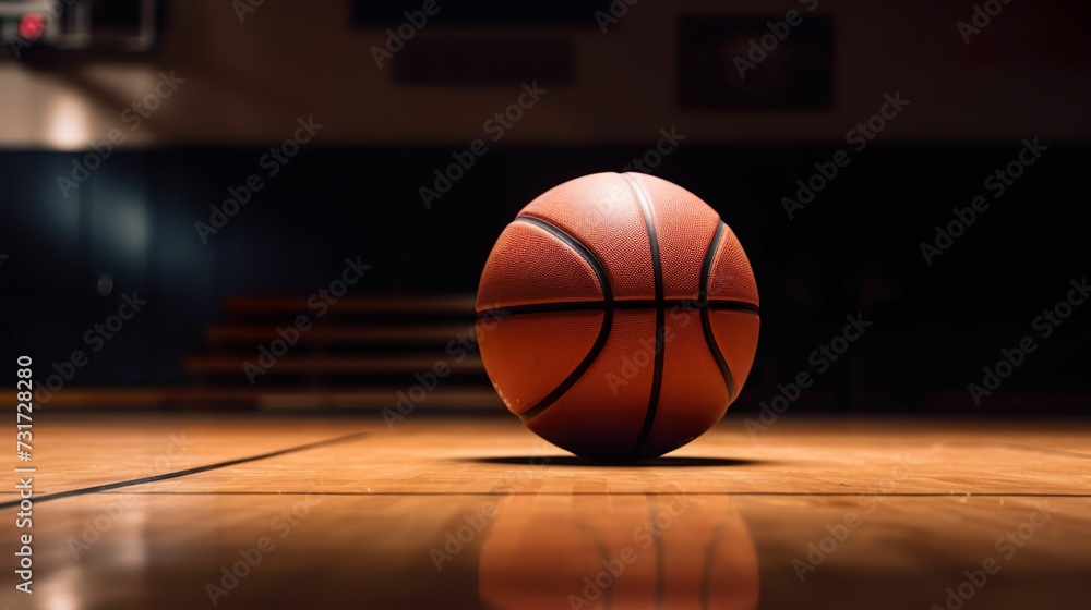 AI-generated illustration of a basketball on a court with a blurry background