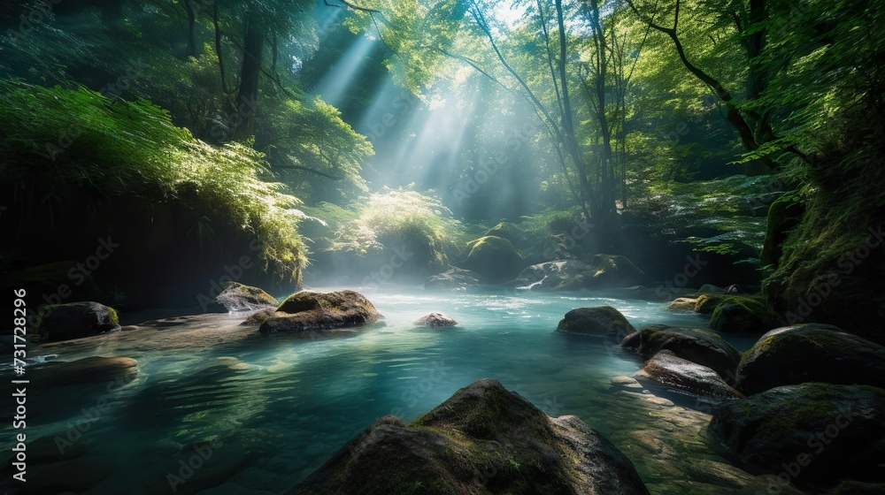 AI generated illustration of a stream in a forest covered in greenery and rocks