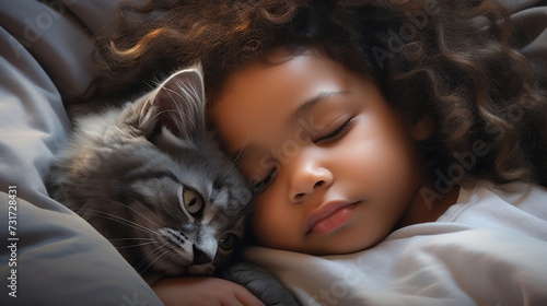 Small child lies on a bed with a cat. Kitten and baby childhood friendship. Baby and cat. Child and Kitten lying together on the bed