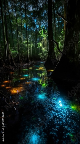 AI-generated illustration of a magical rainforest with glowing dots on the water s surface.