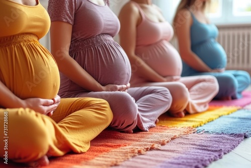 Pregnant women in home clothes are sitting at home and meditating