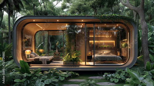 A modular and transparent pavilion-style home, surrounded by lush greenery, creating an harmonious blend of architecture and nature. 
