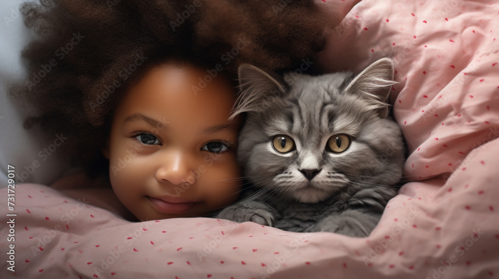 Small child lies on a bed with a cat. Kitten and baby childhood friendship. Baby and cat. Child and Kitten lying together on the bed Small child lies on a bed with a cat. Kitten and baby childhood friendship. Baby and cat. Child and Kitten lying together on the bed