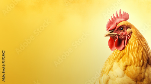 Watercolor illustration of a chicken on a bright yellow background with copy space. Catalan chicken. Poultry breeding. A series of chicken breeds. domestic farm bird