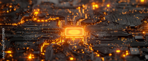 Illuminated circuit board with glowing central processor  symbolizing advanced technology