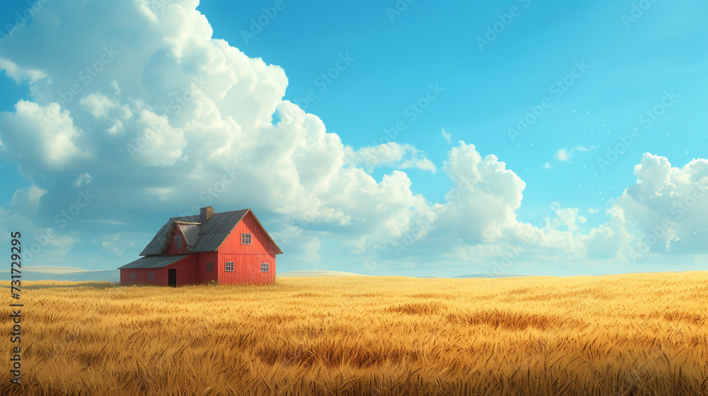 A quaint farmhouse with a red barn, surrounded by golden fields of wheat under the vast open sky. 