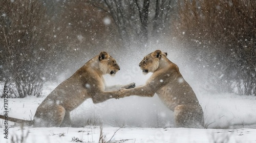AI generated illustration of lions engaged in playful activity in a snowy winter landscape photo