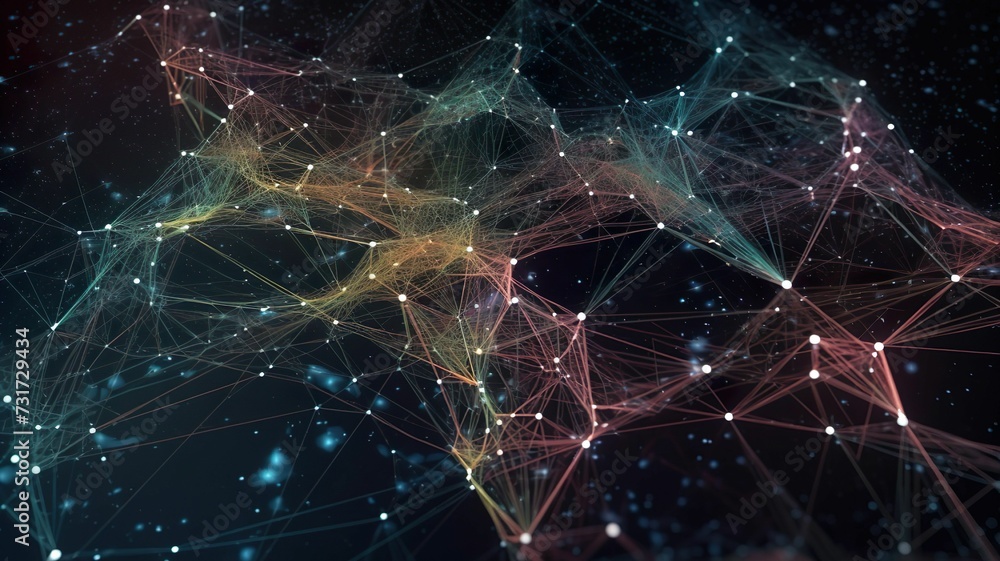 AI generated illustration of illuminated dots traveling in a stream-like motion, connection concept AI generated illustration of illuminated dots traveling in a stream-like motion, connection concept