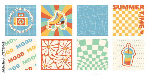 Set of summer illustrations. Summer. Summertime. Groovy illustrations. Naive style. Rollerblades, flowers, camera, backgrounds, figures. Vector illustration