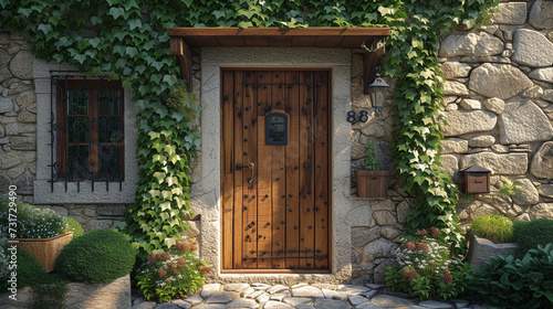 A rustic stone house with a vine-covered wall and a wooden door. 