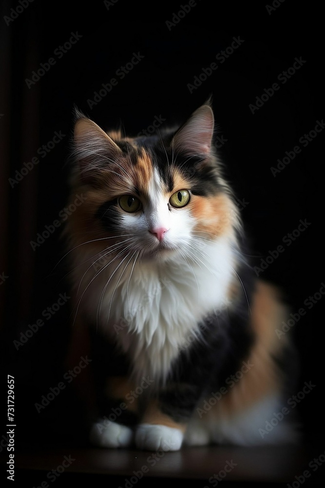 AI generated illustration of a beautiful calico cat perched on a wooden table in a dimly lit room