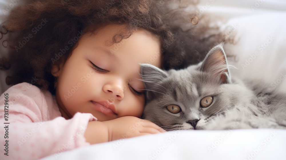 Small child lies on a bed with a cat. Kitten and baby childhood friendship. Baby and cat. Child and Kitten lying together on the bed Small child lies on a bed with a cat. Kitten and baby childhood friendship. Baby and cat. Child and Kitten lying together on the bed