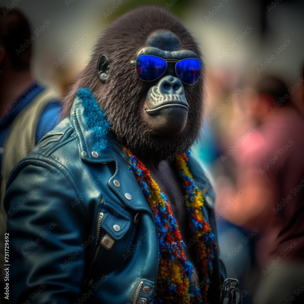 Abstract illustration of a cool gorilla wearing sunglasses and a stylish leather jacket