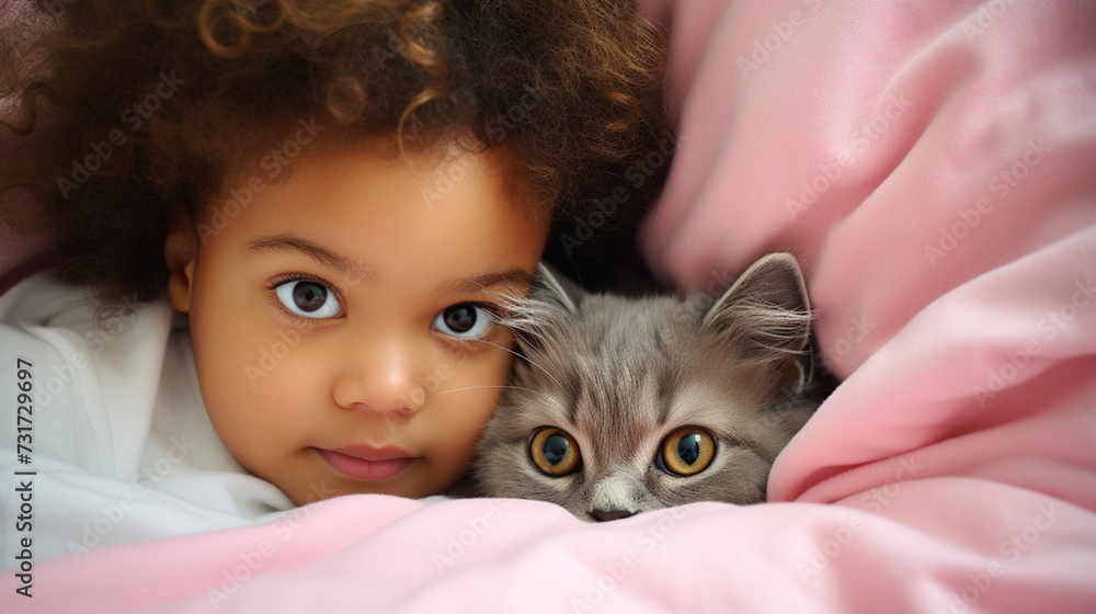 Small child lies on a bed with a cat. Kitten and baby childhood friendship. Baby and cat. Child and Kitten lying together on the bed Small child lies on a bed with a cat. Kitten and baby childhood friendship. Baby and cat. Child and Kitten lying together on the bed