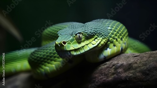 AI generated illustration of a vivid green snake coiled up on a rocky surface in a dark environment