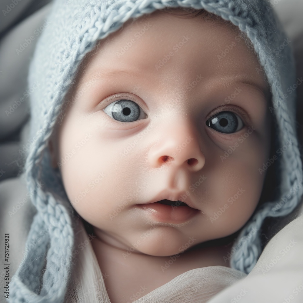 AI generated illustration of a closeup of a small infant lying in a soft blue blanket AI generated illustration of a closeup of a small infant lying in a soft blue blanket