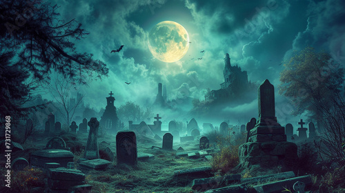 A spooky graveyard with tombstones and a full moon, creating a hauntingly beautiful Halloween night scene photo