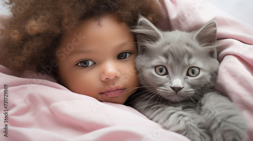 Small child lies on a bed with a cat. Kitten and baby childhood friendship. Baby and cat. Child and Kitten lying together on the bed