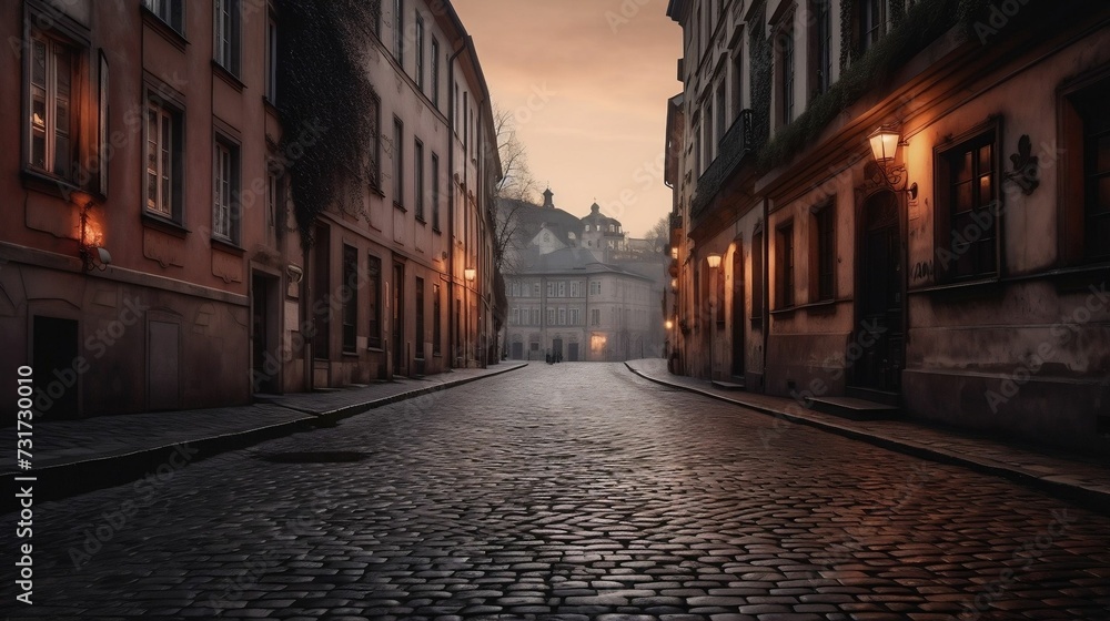 AI generated illustration of an empty cobblestone street illuminated with golden lights