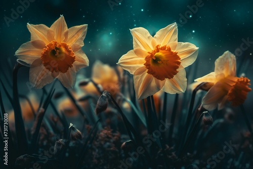 AI generated illustration of a vibrant cluster of yellow narcissus flowers in a dimly lit setting