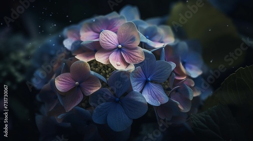 AI generated illustration of a cluster of vibrant purple and blue blooms illuminated by soft light
