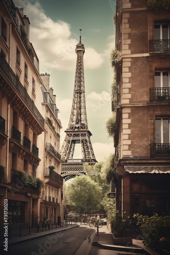 AI generated illustration of a picturesque Paris street with the iconic Eiffel Tower in backdrop