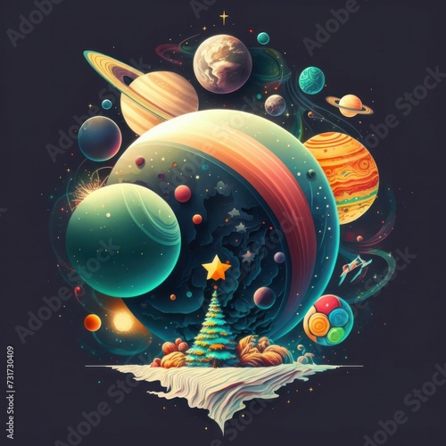 AI generated illustration of a Christmas tree surrounded by planets and stars in a vibrant night sky photo
