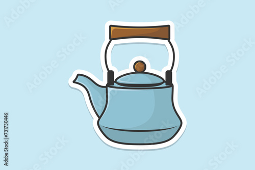 House Unique Tea Kettle sticker design vector illustration. Kitchen interior object icon concept. Kitchen Teapot with closed lid sticker design with shadow. Clay teakettle vector design icon.
