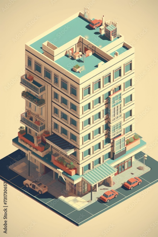 AI generated illustration of a modern apartment building model isolated on a neutral background