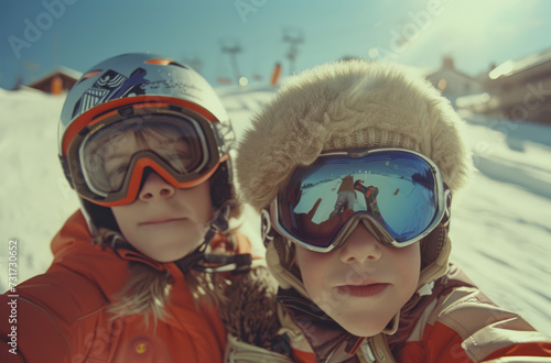 kids taking selfies on skis