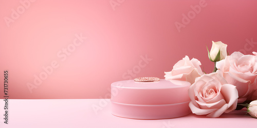 Beautiful flowers and stage studio podium pastel pink background with rose pink flowers palm leaf shadow