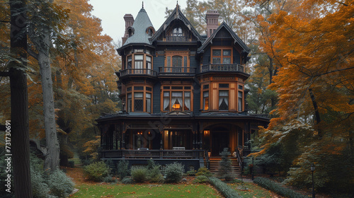An elegant Victorian mansion adorned with intricate woodwork, nestled among tall trees in a tranquil neighborhood. 