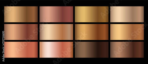 Color palette gradient set. Metallic gold, bronze, beige gradient vector colorful swatches texture set.  Gold, bronze metal pattern set.  photo