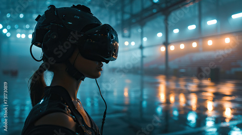 Portrait,An athlete training in a high-tech sports facility, using biofeedback and virtual reality simulations to enhance performance and skills