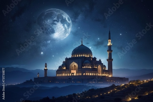 Nighttime Mosque: Islamic Background for Ramadan and Eid AI-Generated © rrdesignstd