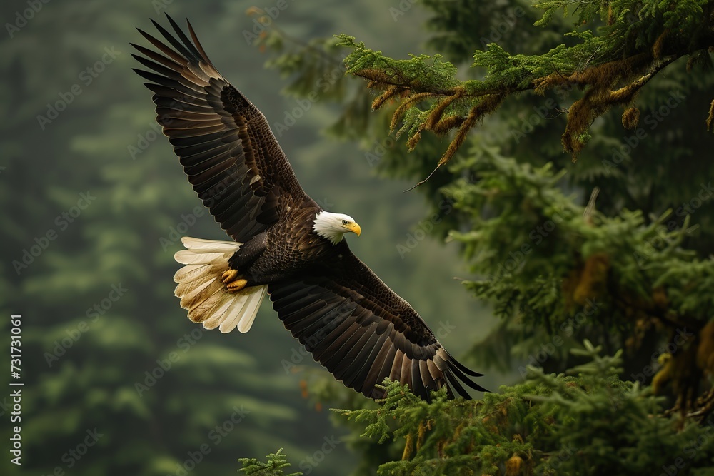 Obraz premium A bald eagle soars with spread wings flying on green trees background
