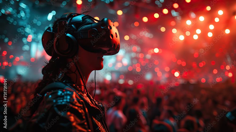 Portrait, A professional esports gamer competing in a virtual reality tournament, surrounded by a crowd of cheering fans in a state-of-the-art arena