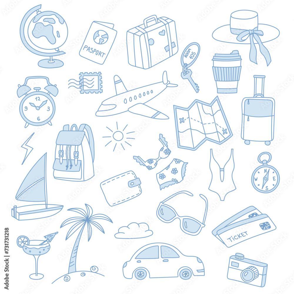 Blue doodle set of travel icons. Plane, boat, camera, car, map, baggage, palm, ticket, compass, alarm, key. Vector design of vacation.