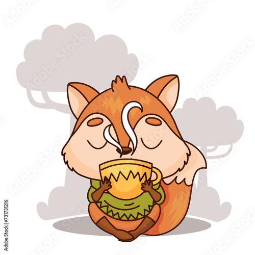 A happy cartoon fox with whiskers is enjoying a cup of coffee or tea. Vector