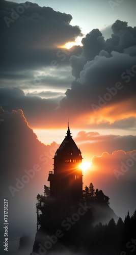 the sun is setting behind a tower with clouds over it photo