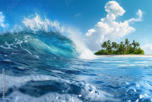 Huge blue wave and small island in the ocean photo