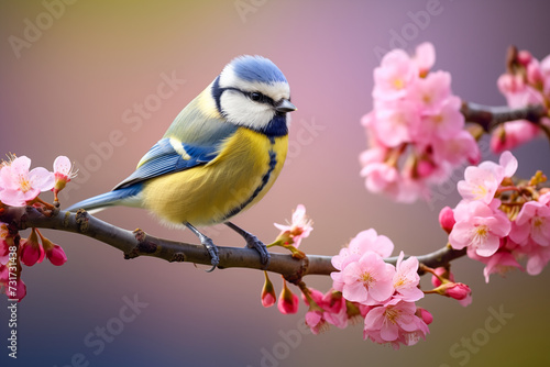 blue tit on a flowering branch in spring