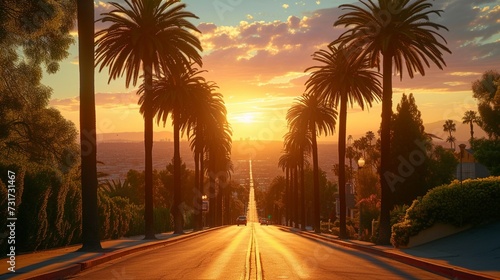 Palm Tree-Lined Street Overlooking Los Angeles at Sunset, palm trees casting long shadows on the street, golden hues painting the sky, distant city lights twinkling