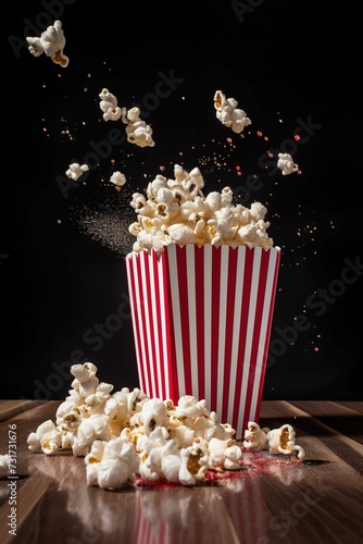AI generated illustration of popcorn overflowing out of a striped container