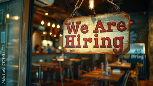 "We Are Hiring" sign, warm lit cafe background.