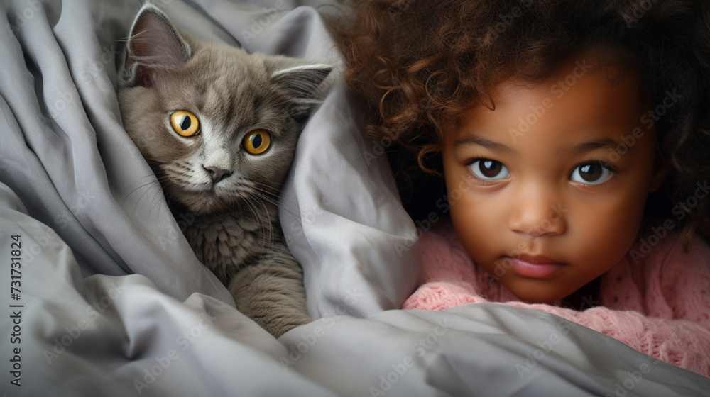 Small child lies on a bed with a cat. Kitten and baby childhood friendship. Baby and cat. Child and Kitten lying together on the bed Small child lies on a bed with a cat. Kitten and baby childhood friendship. Baby and cat. Child and Kitten lying together on the bed