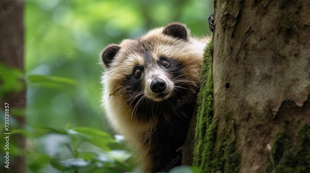 AI generated illustration of an adorable racoon peeking out from behind a tree AI generated illustration of an adorable racoon peeking out from behind a tree