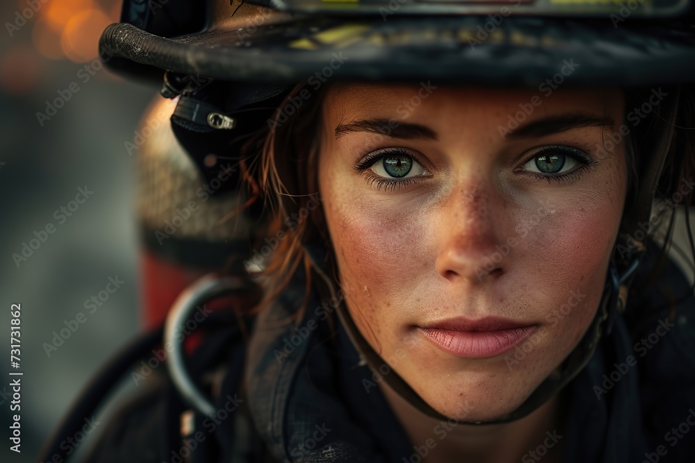 Portrait of firefighter woman in uniform and helmet Portrait of firefighter woman in uniform and helmet
